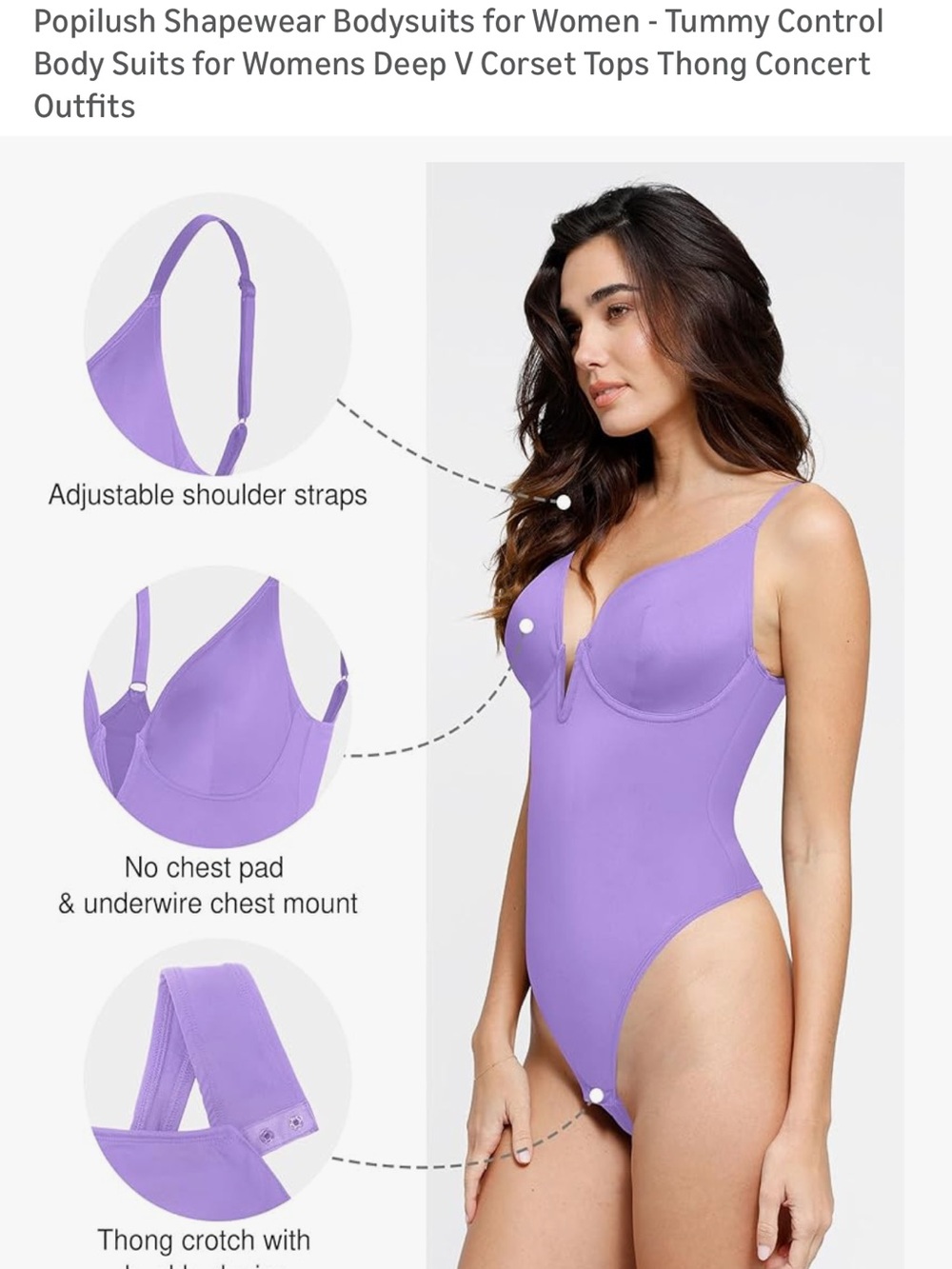 Popilush Deep V Shapewear Bodysuit for Women - Lavender